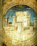 Piero della Francesca detail of the castle from st sigismund and sigismondo oil painting